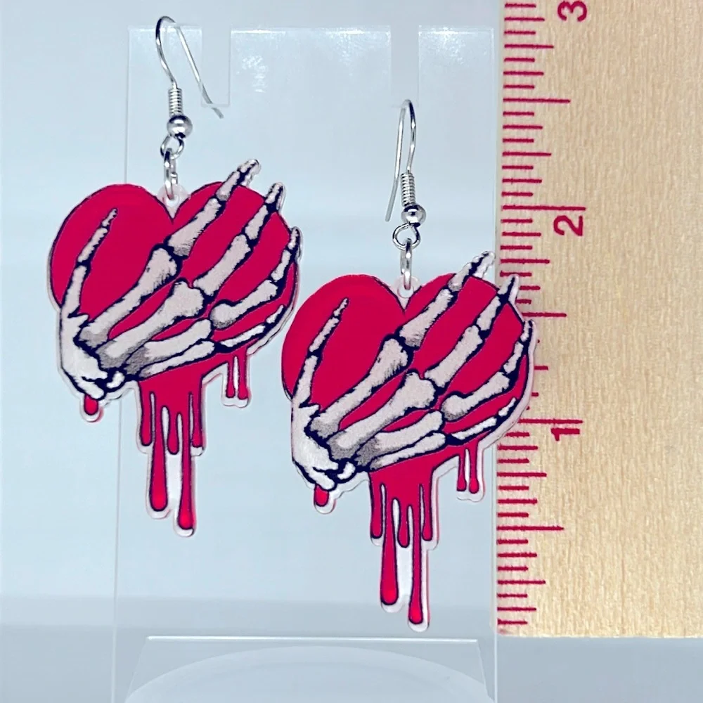 Acrylic Skull Hand Holding Heart Dangle Earrings Valentine - Picture 2 of 2